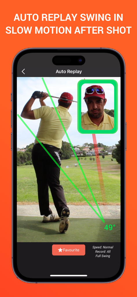 Swing Profile app interface showing slow motion auto replay of a golf swing with swing plane lines.