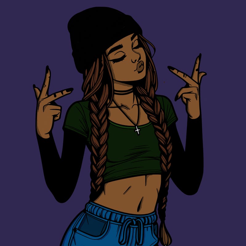 realistic teenage girl with braids and a beanie and crop top doing 🫶🏼