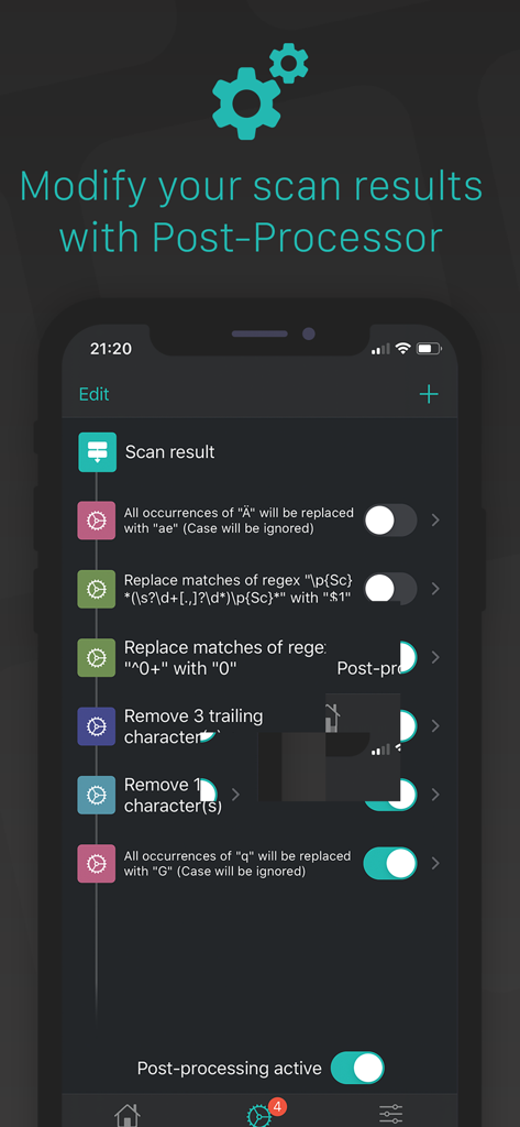 Oberfläche der ScanKey App zeigt Nachbearbeitungsfilter zum automatischen Ändern gescannter Texte und Codes