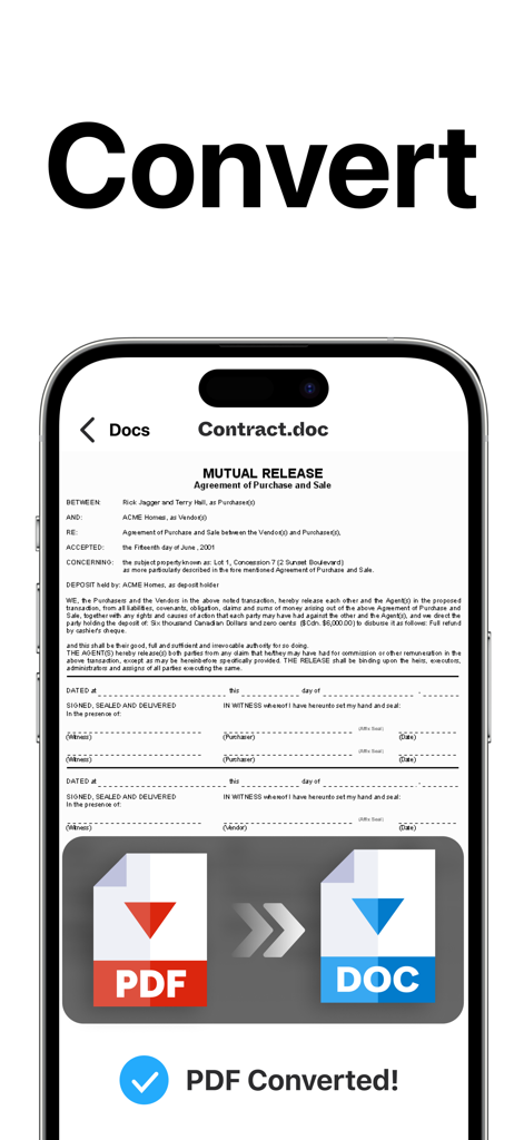 TapScanner app converting a PDF contract to a Word document