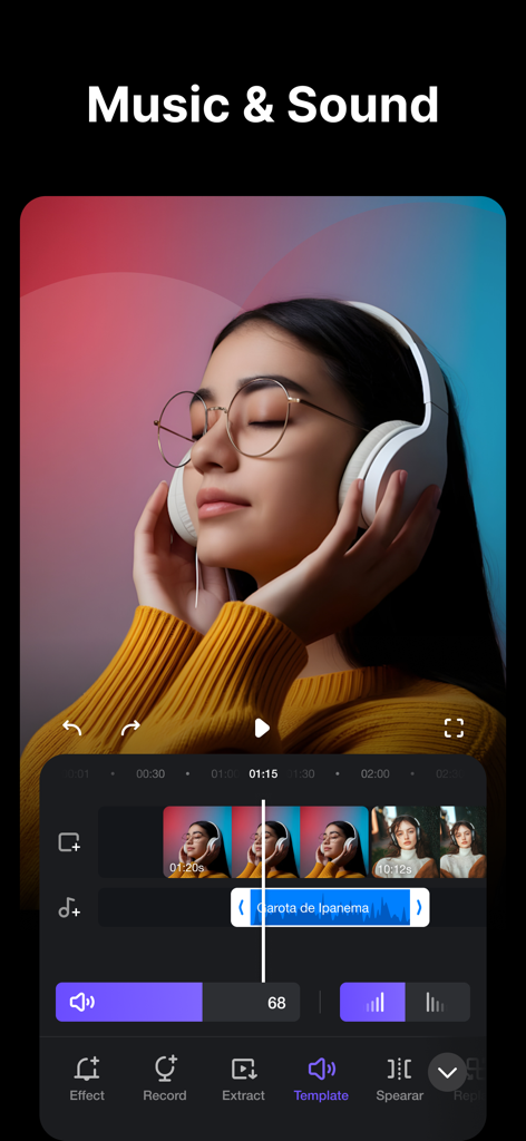 TrimCut - Video Editor - Interface do aplicativo TrimCut mostrando ferramentas de edição de música e som com uma forma de onda de áudio e linha do tempo de vídeo.