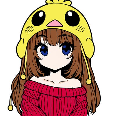 anime girl with chick shaped hat with sweater with bare shoulders with bangs covering them one eye with low tail
