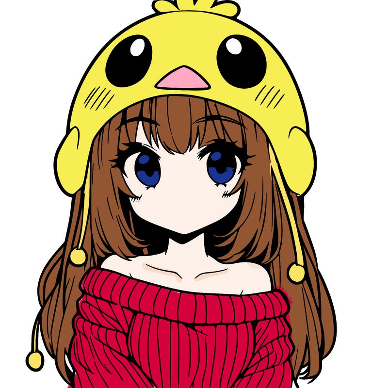 anime girl with chick shaped hat with sweater with bare shoulders with bangs covering them one eye with low tail