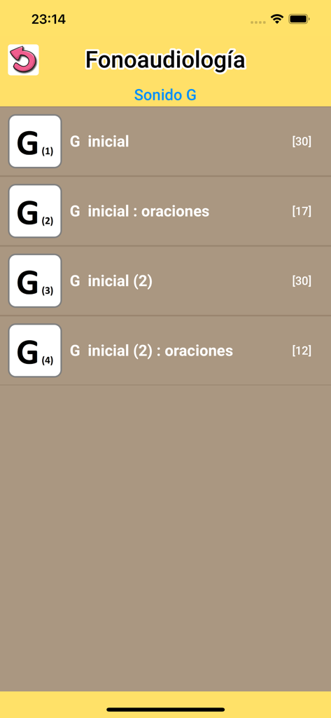 Fonoaudiología : ejercicios AR - Speech therapy app screen showing a menu of exercises for the initial G sound in Rioplatense Spanish