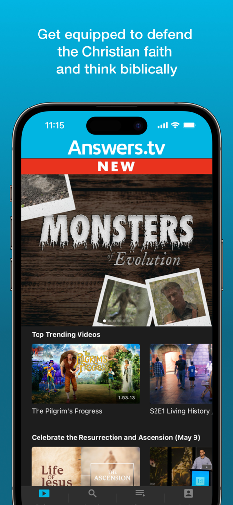 Home screen of the Answers.tv streaming app featuring Christian educational and apologetics video content.