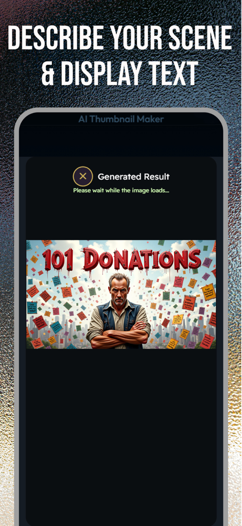 Thumbnail Maker: YT Studio Art - Miniatura de YouTube generada por IA para 101 Donations mostrada en la interfaz de la aplicación