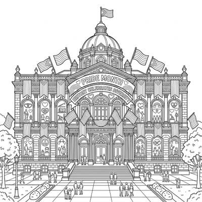 Explore a magnificent history museum vibrant with Pride Month celebrations in this intricate coloring page. Discover symbols of diversity and love intricately woven into its grand architecture.