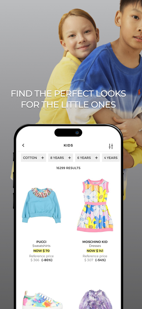 The YOOX app displaying designer children's clothing with significant discounts.