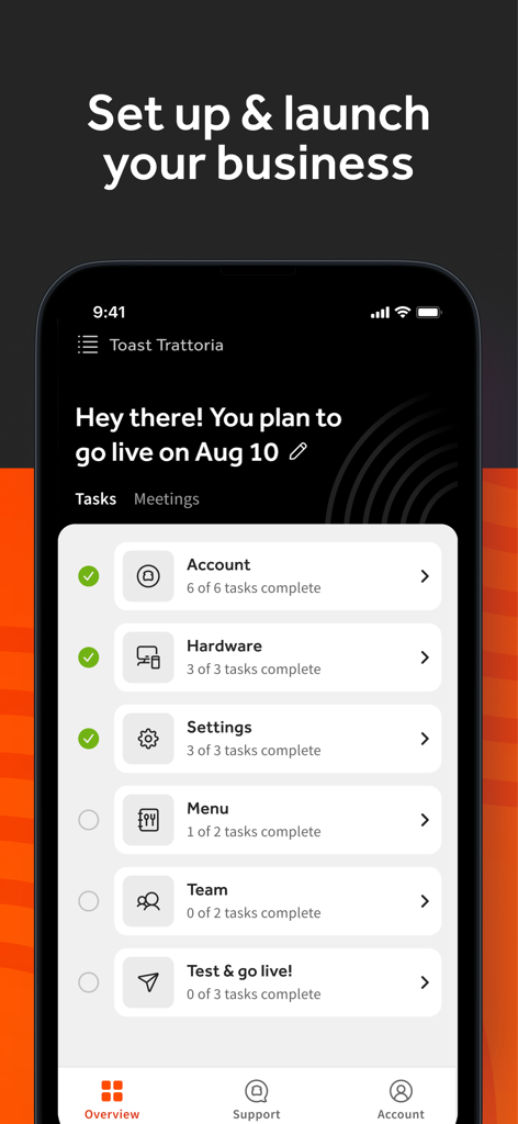 Toast Now - Toast Now app interface showing a setup checklist for launching a restaurant business with tasks for hardware settings and menu configuration