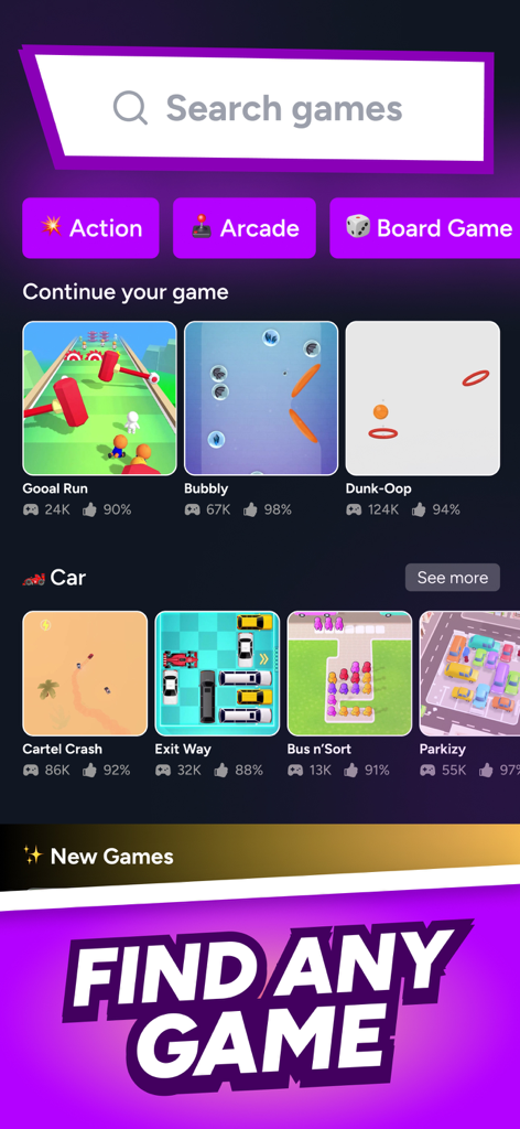 Hoora - Swipe & play fun games - Interface of Hoora app showing a search bar, game categories like action and arcade, and various mini-games available to play.
