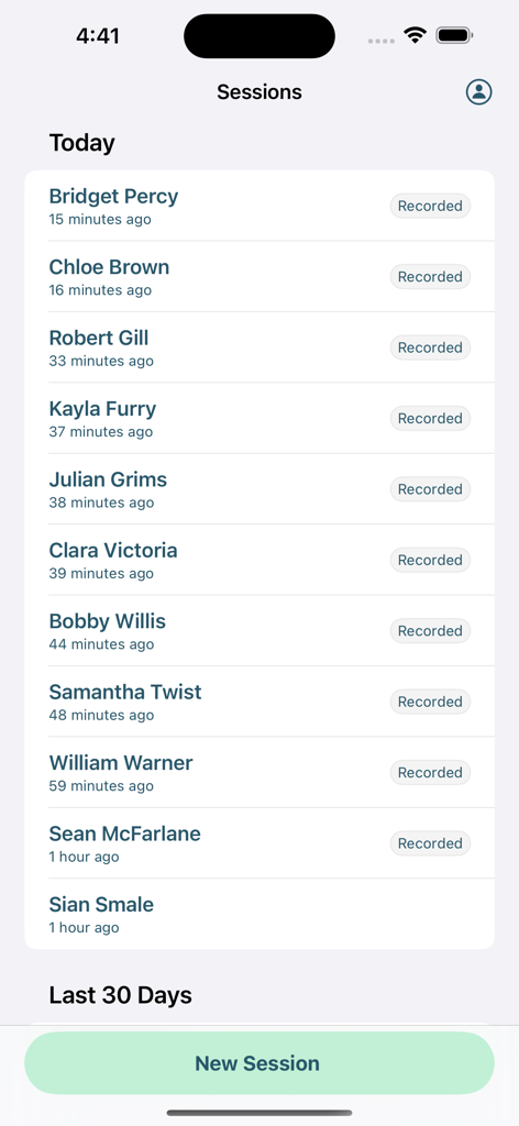 PatientNotes - Une interface mobile de l'application PatientNotes montrant une liste des sessions patient d'aujourd'hui et un bouton de nouvelle session.