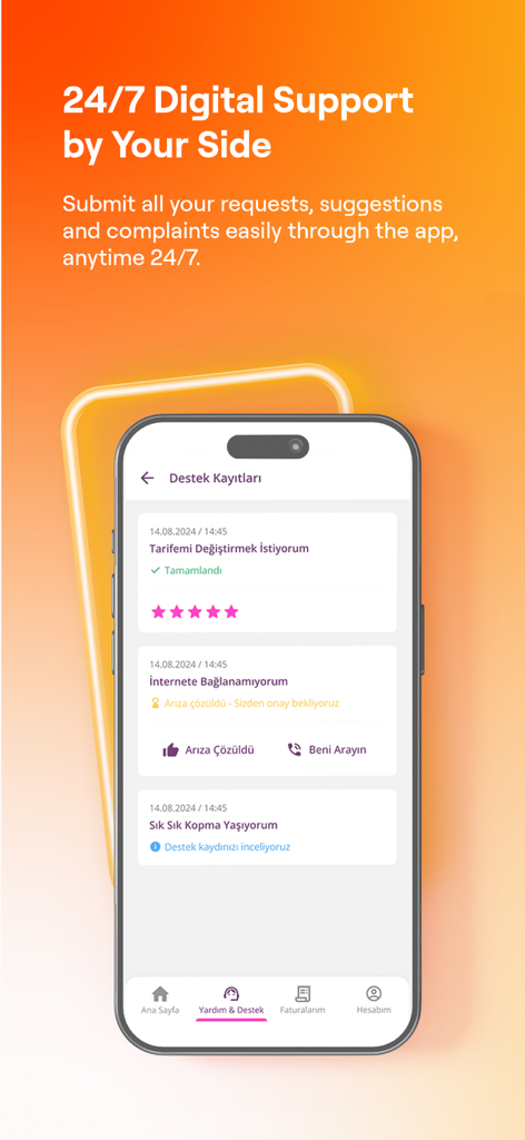 iPhone screen displaying TurkNet app's 24/7 digital support interface with technical support ticket history and status updates
