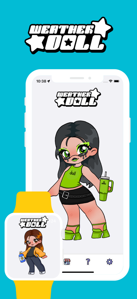 Weather Doll - La aplicación Weather Doll mostrada en un iPhone y un Apple Watch con personajes de moda personalizables.