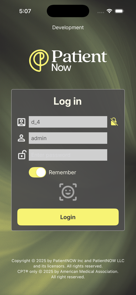 PatientNow - PatientNow mobile app login screen with face recognition option