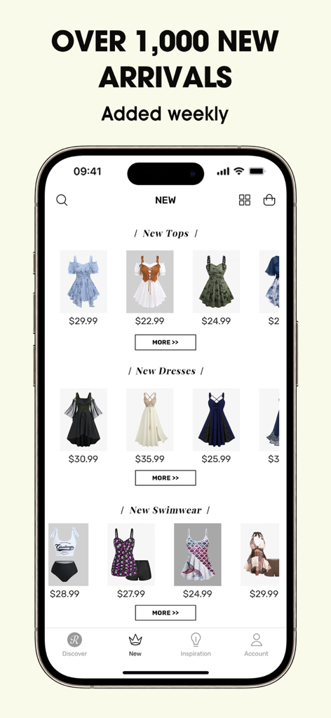 Interfaz de la aplicación RoseGal mostrando novedades en estilos de ropa vintage y gótica