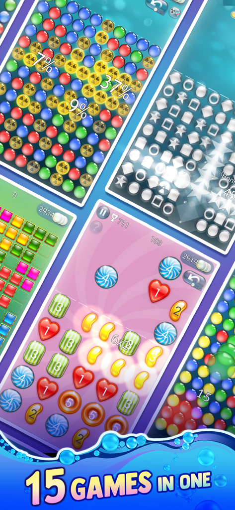 Bubble Explode - pop puzzle - Un montaje que muestra quince modos de juego de puzzle y skins diferentes dentro de la aplicación Bubble Explode.