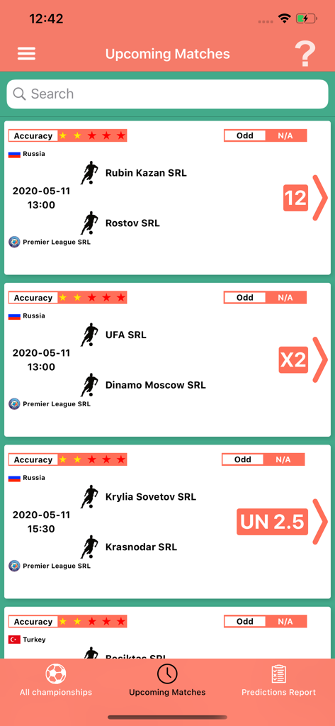 Upcoming football matches list with AI accuracy ratings and betting predictions in the Bullet Bet app