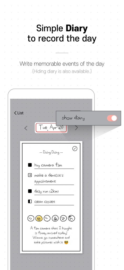 Doing Doing - Minimalist digital bullet journal interface showing a daily to-do list, mood tracker, and diary entry.