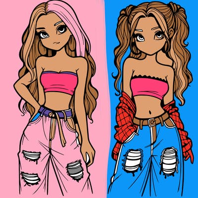 2 girls in crop tops and baggy jeans ripped