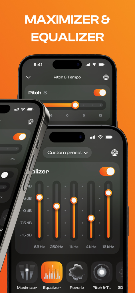 Three iPhones displaying the Bass Booster & Sound Equalizer app interface with audio control sliders and pitch settings