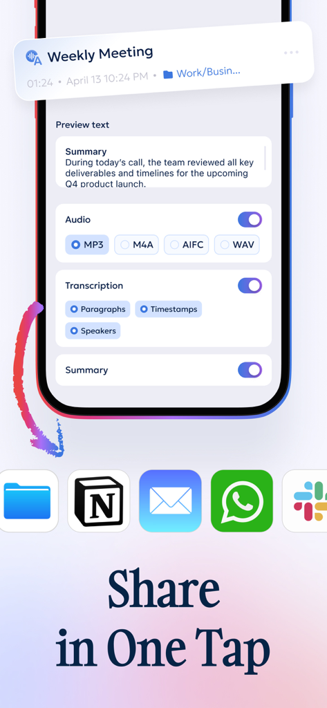Notik: AI Note Taker - Notik app interface showing one-tap sharing of meeting summaries and transcripts to productivity apps