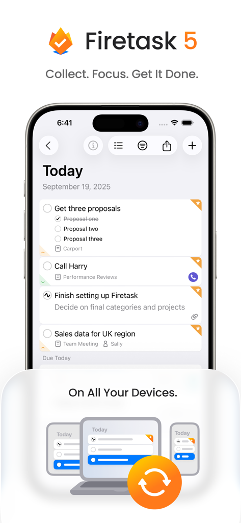 Application Firetask 5 affichant la liste des tâches du jour sur un iPhone avec synchronisation des appareils sur les plateformes Apple
