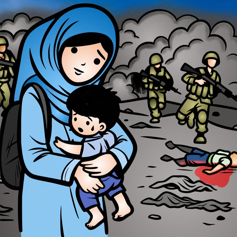 a mother carries her son from the gaza war