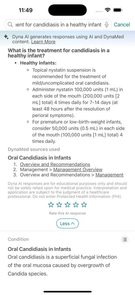 DynaMed - DynaMed app interface showing AI-generated treatment guidelines for oral candidiasis in a healthy infant.