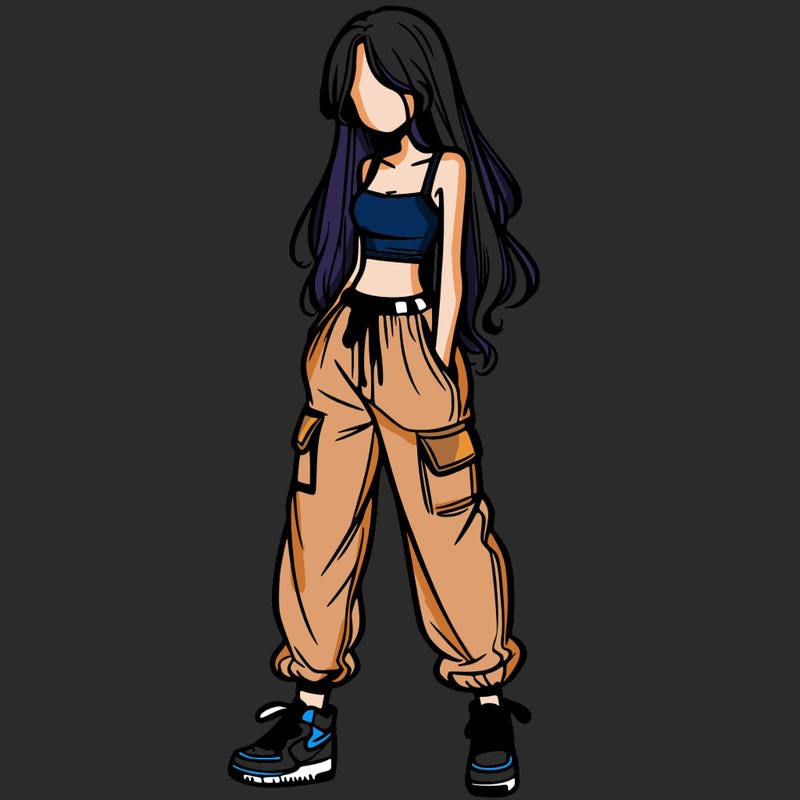 girl in baggy pants crop top and long hair