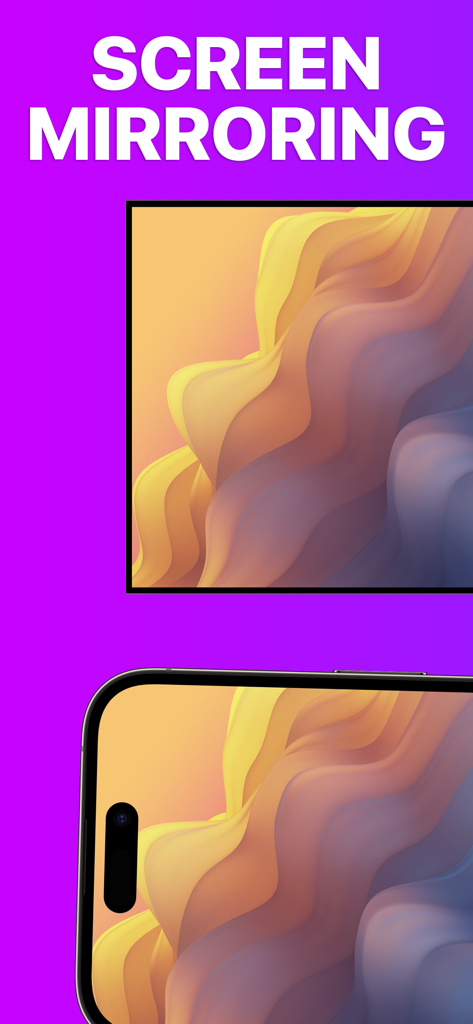 Screen Mirroring+ for Roku - An iPhone and a TV screen both displaying the same colorful wavy pattern to demonstrate the screen mirroring feature