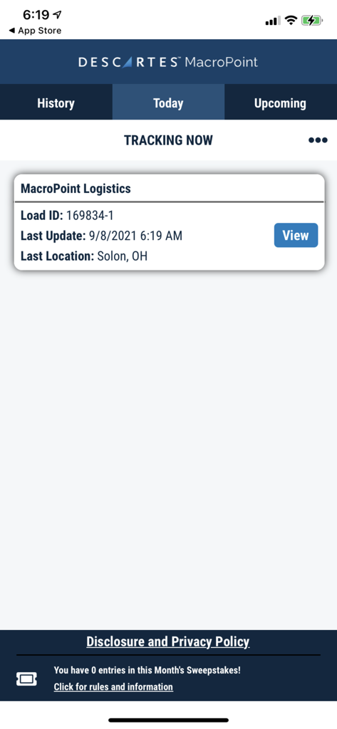 MacroPoint For Truckers - Smartphone-Bildschirm, der die MacroPoint For Truckers-App mit einem aktiven Ladungsverfolgungsstatus in Solon Ohio zeigt
