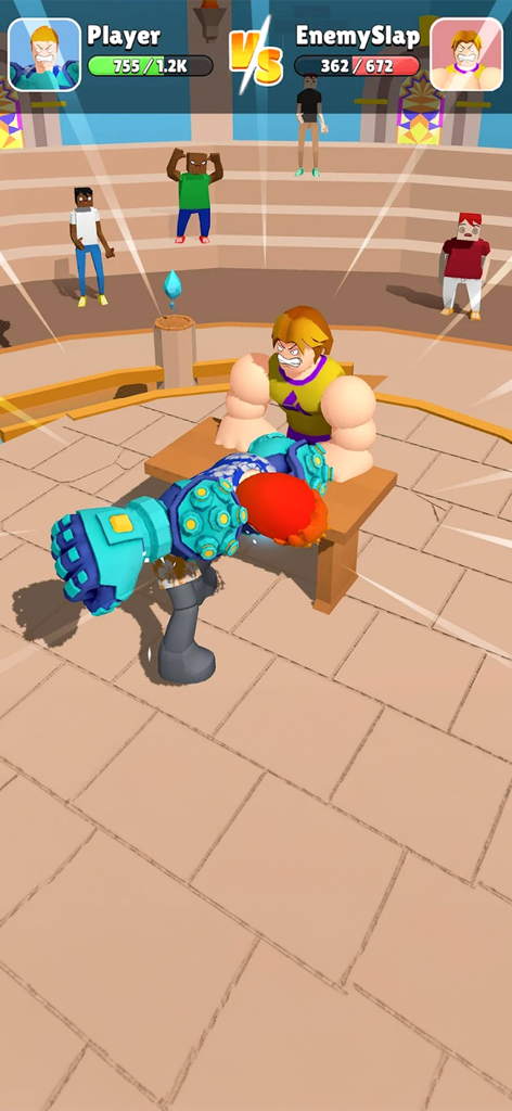 Un personaje con un brazo mecánico gigante y azul luchando contra un oponente musculoso en un combate de estadio.