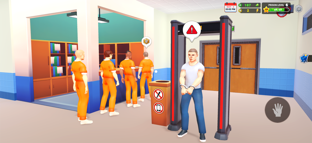 Prison Real Simulator - An inmate in handcuffs passing through a metal detector at a security checkpoint in a prison simulation game.