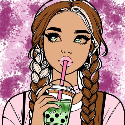 realistic girl with braided hair drinking boba