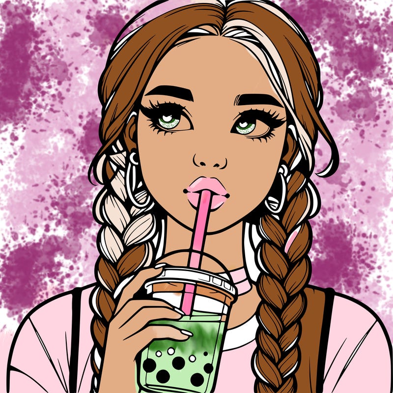 realistic girl with braided hair drinking boba
