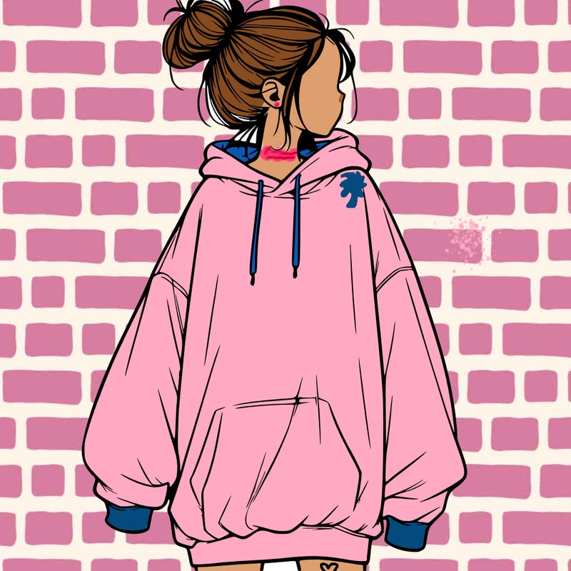 realistic girl with a oversized sweatshirt on and a bun
