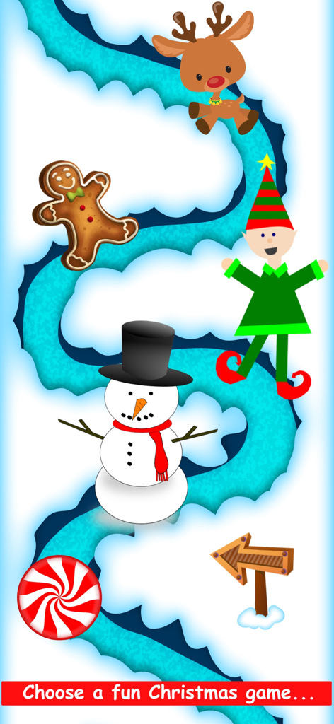 Christmas Train Snowman Games - Christmas game selection menu with a reindeer gingerbread man elf and snowman on a winding blue path