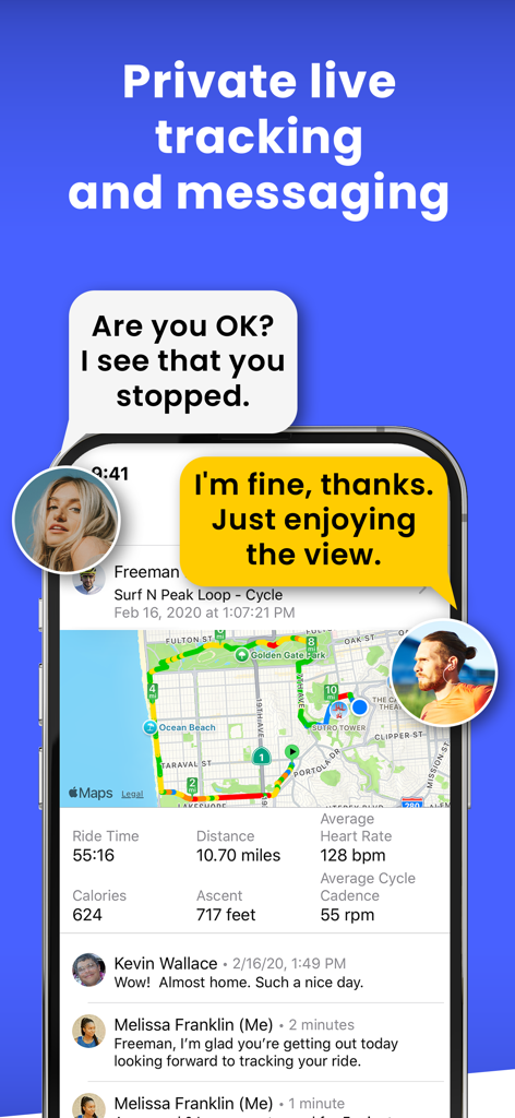 5K Runmeter Run Walk Training - Interface of the 5K Runmeter app showing private live tracking with a map route, workout statistics, and real-time messaging.