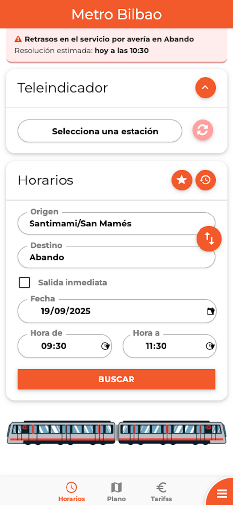 Bilbao Metro, Tren y Tranvía - Interfaz de la aplicación móvil para buscar horarios de Metro y tren de Bilbao con campos de origen y destino