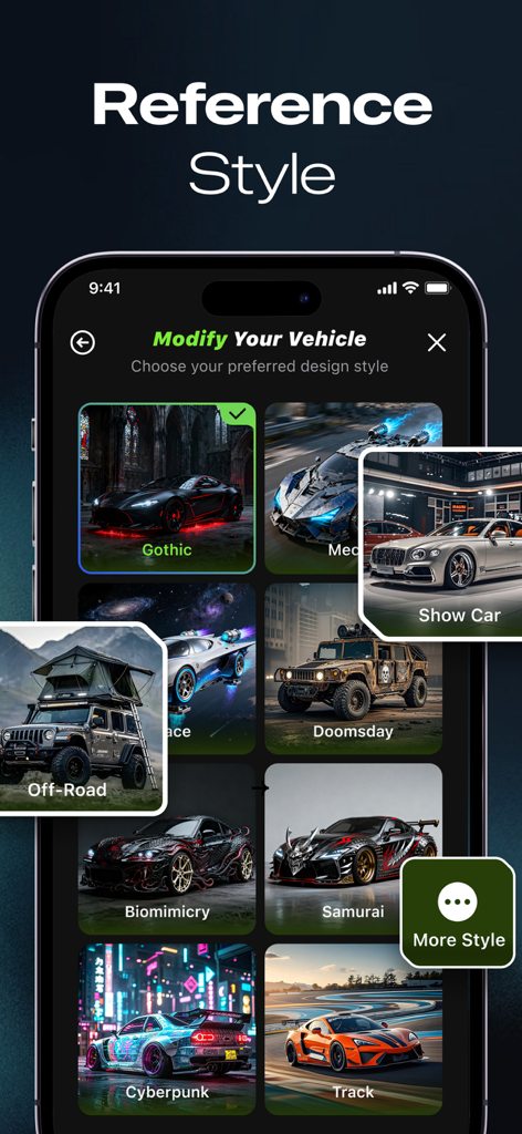 Interface de um aplicativo móvel mostrando diferentes estilos de design de carros com IA, incluindo Cyberpunk Gothic e Samurai