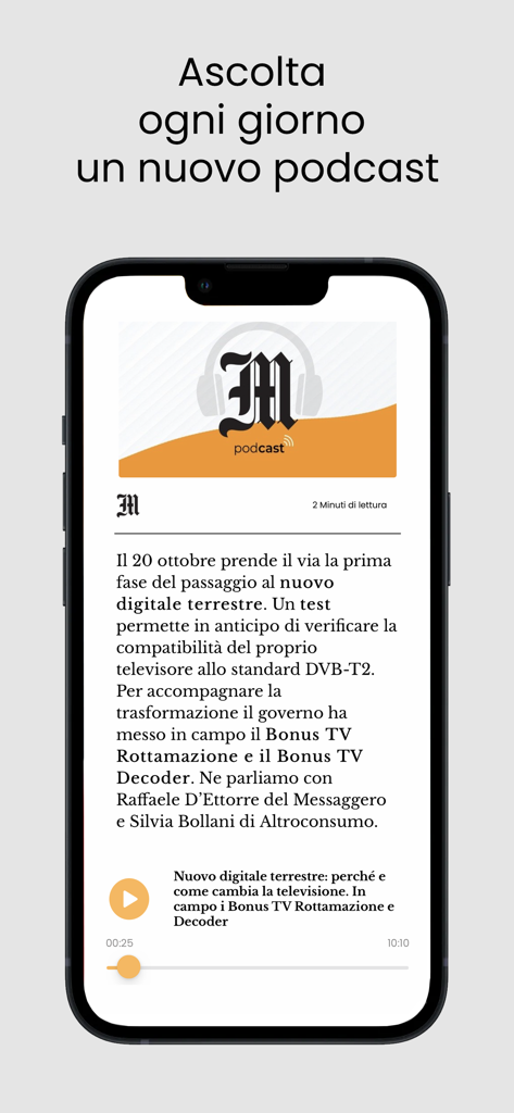 Il Messaggero Mobile app podcast player interface showing daily Italian news episodes