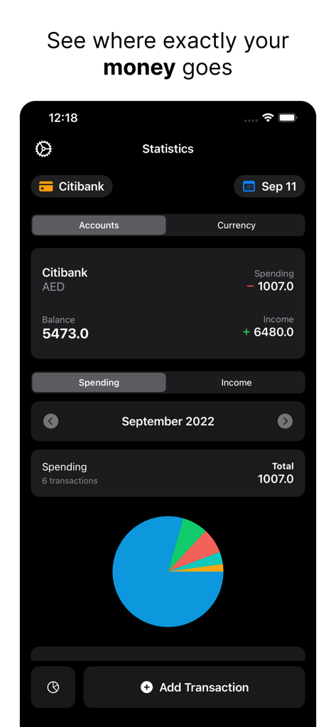 Spendy - Spendings reimagined - Spendy app statistics interface showing a colorful pie chart and monthly spending overview in dark mode.