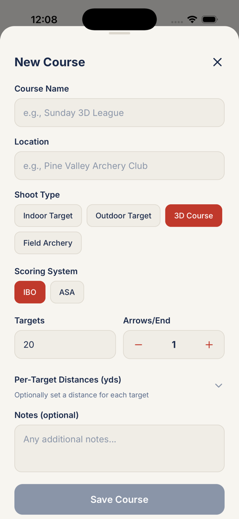 ShootOff Archery - ShootOff Archery new course setup screen with 3D shoot type and IBO scoring selected