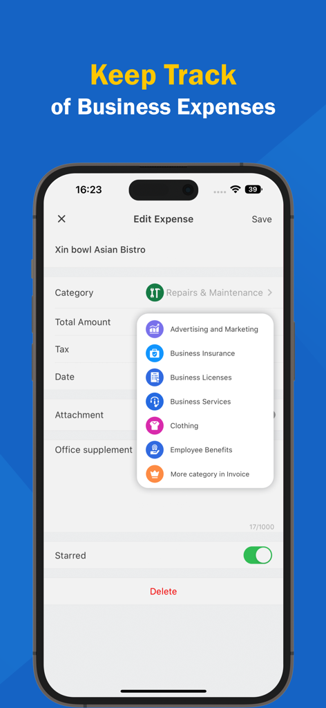 Invoice Maker · - Pantalla de aplicación móvil que muestra categorías de gastos empresariales para seguimiento y gestión
