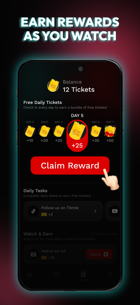 Drama Pops - Reel Shorts TV - Die Belohnungsseite der Drama Pops App zeigt tägliche Ticketboni und eine Schaltfläche zum Beanspruchen der Belohnung.
