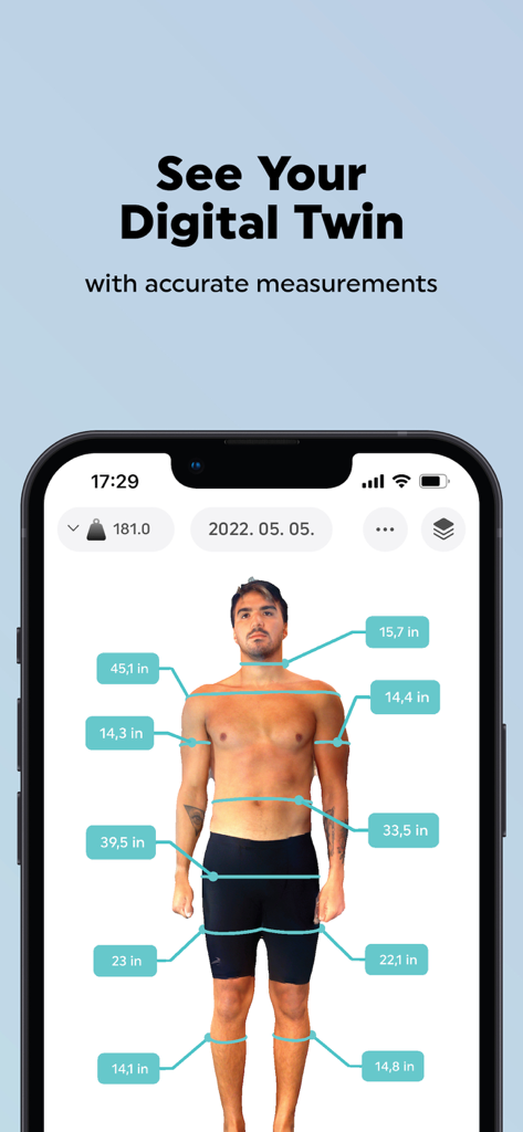ShapeScale app showing a 3D digital twin with precise body girth measurements