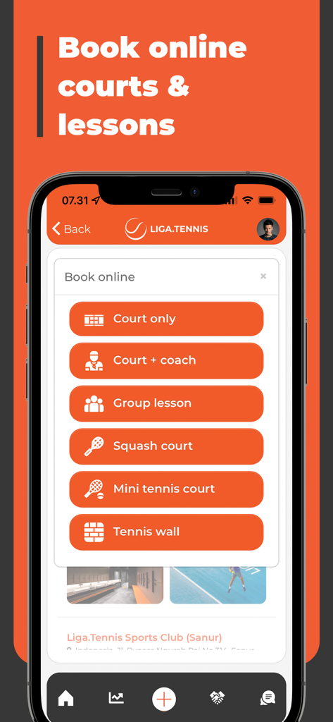 Liga App mobile interface for booking tennis courts and lessons online