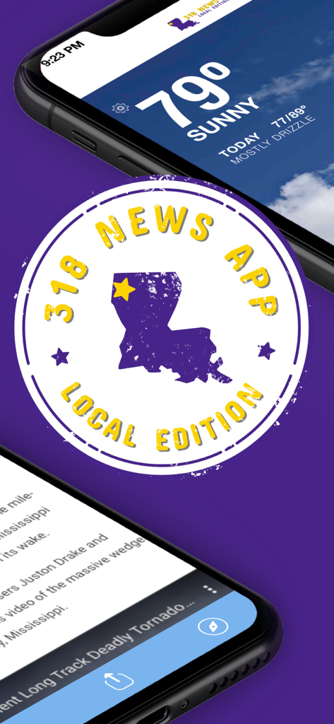 A interface do 318 News App exibindo alertas meteorológicos locais e manchetes de notícias para residentes do norte da Louisiana.