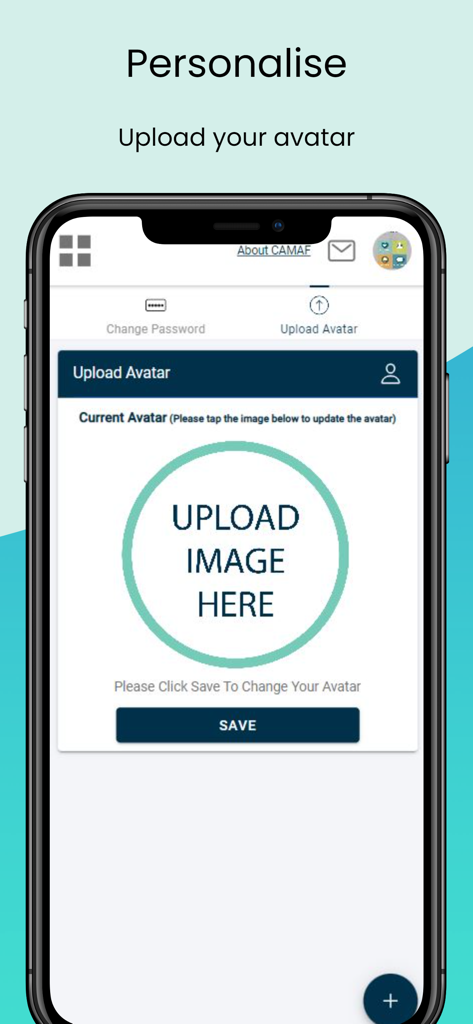 CAMAF mobile app interface for uploading a profile avatar