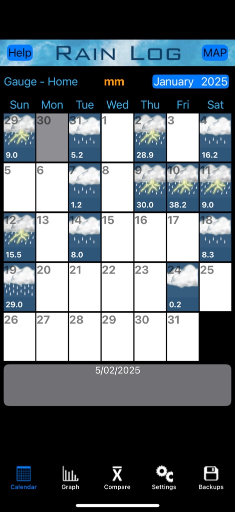 RainLogV2 - Calendar interface in RainLogV2 app showing daily rainfall logs and weather icons